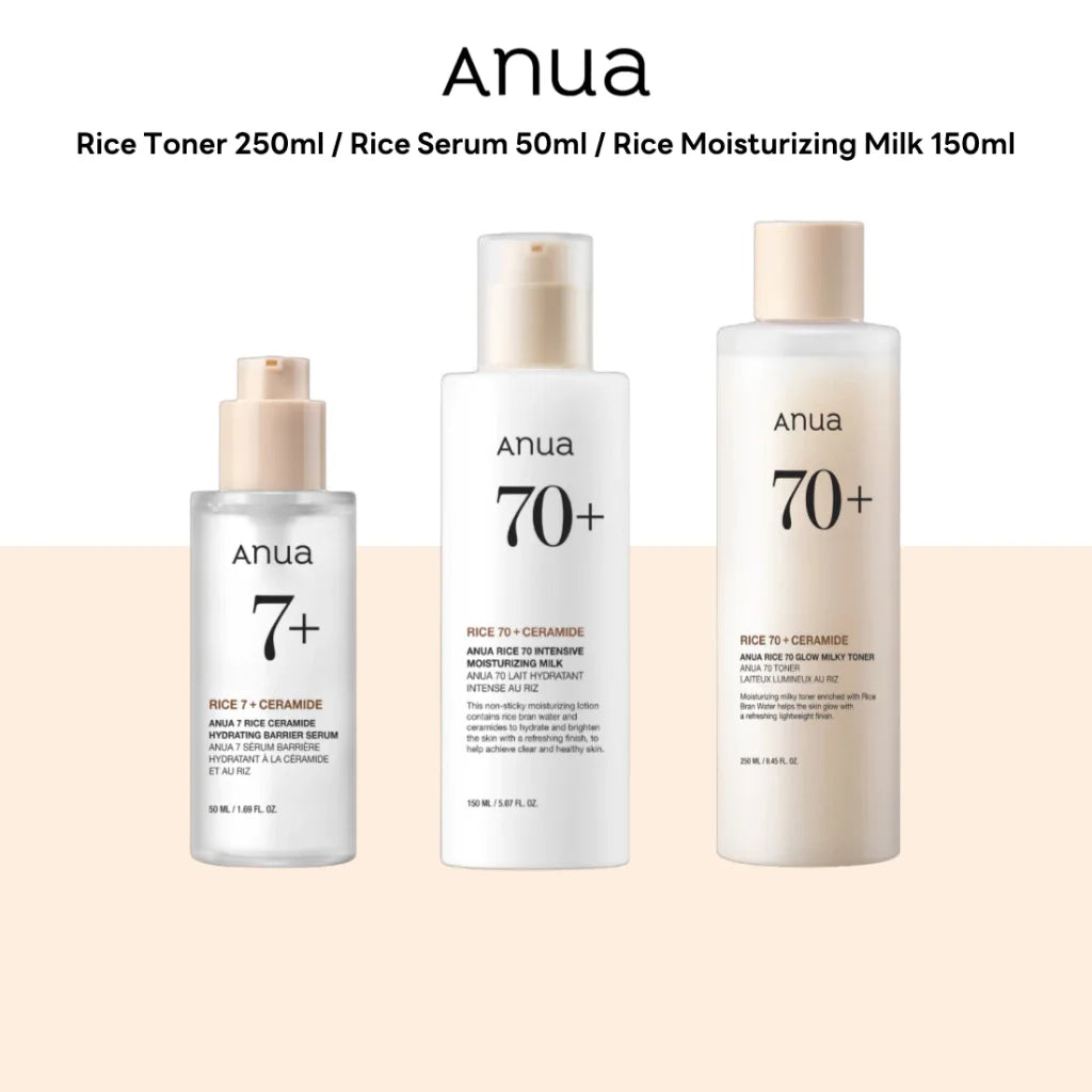 Anua Rice 70 Hydrating & Whitening Skincare Set – Glow Milky Toner, Moisturizing Lotion & 7 Hydration Serum