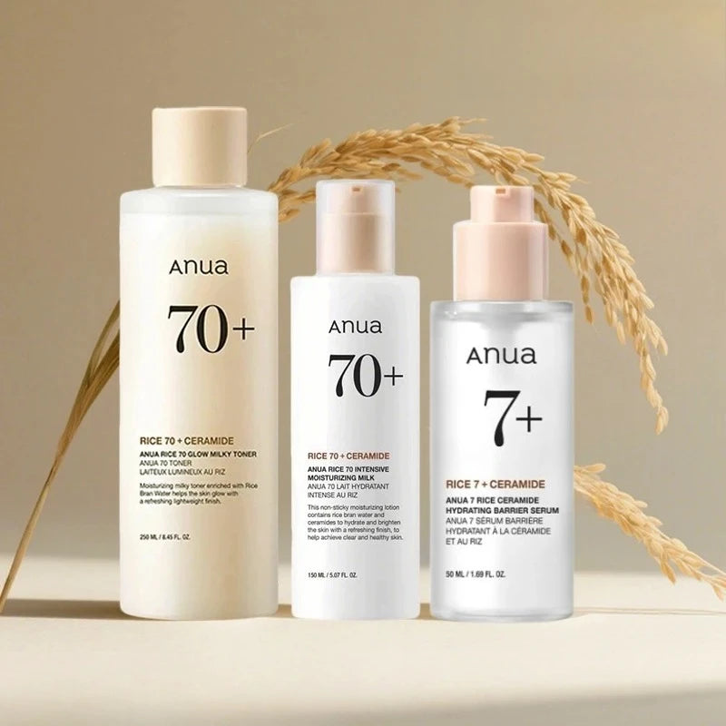 Anua Rice 70 Hydrating & Whitening Skincare Set – Glow Milky Toner, Moisturizing Lotion & 7 Hydration Serum