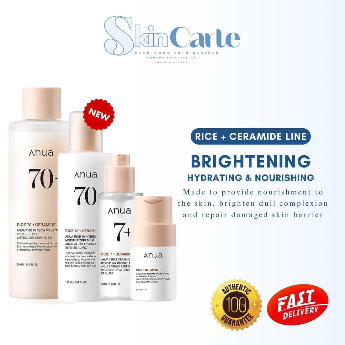 Anua Rice 70 Hydrating & Whitening Skincare Set – Glow Milky Toner, Moisturizing Lotion & 7 Hydration Serum