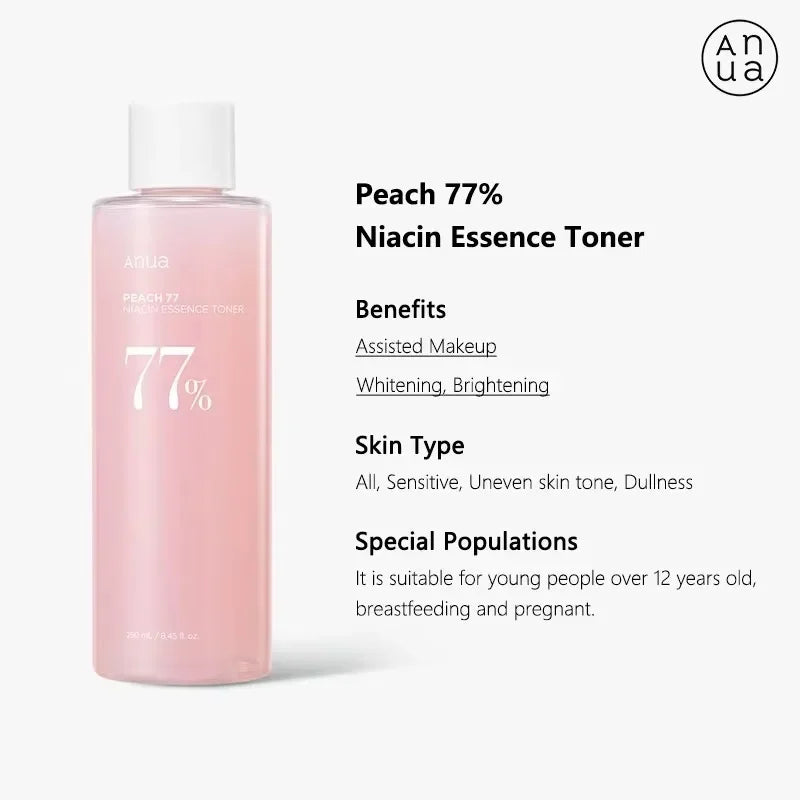 Anua Peach 77% Niacin Essence Toner – Brightening & Hydrating Toner with Niacinamide, Panthenol & Ceramide (250ml)