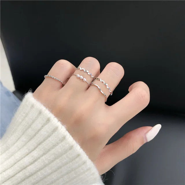 5-Piece Pearl & Twist Ring Set for Women