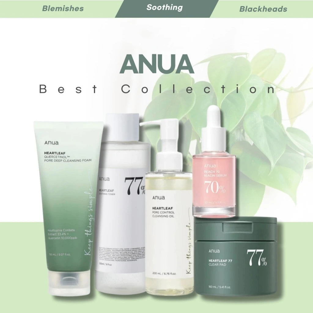 ANUA Heartleaf & Peach Collection – 77% Soothing Toner, Cleansing Oil, 70% Lotion, Niacin Serum & Moisture Ampoule