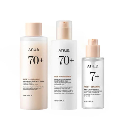 Anua Rice 70 Hydrating &amp; Whitening Skincare Set – Glow Milky Toner, Moisturizing Lotion &amp; 7 Hydration Serum