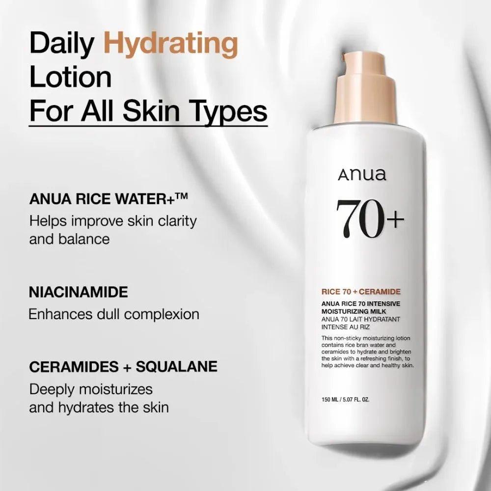 Anua Rice 70 Hydrating &amp; Whitening Skincare Set – Glow Milky Toner, Moisturizing Lotion &amp; 7 Hydration Serum