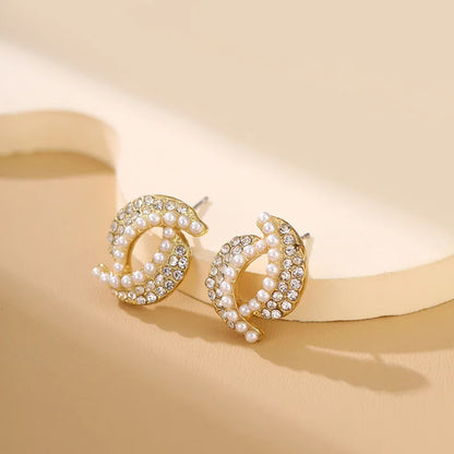 Elegant Double Moon Pearl Stud Earrings