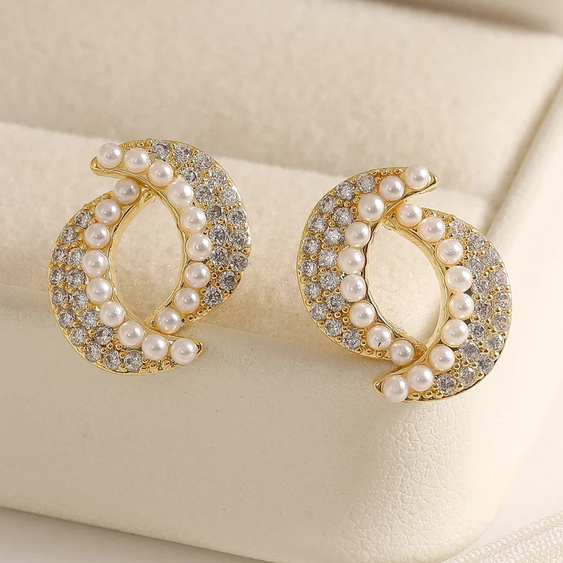 Elegant Double Moon Pearl Stud Earrings