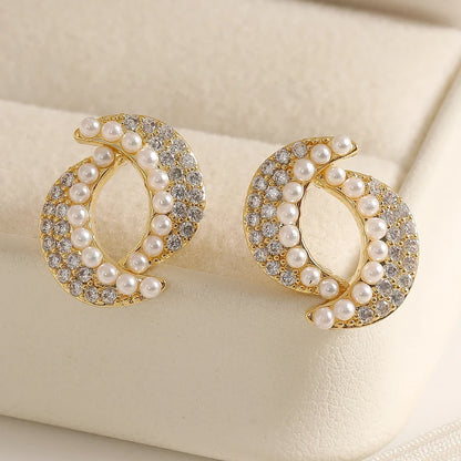 Elegant Double Moon Pearl Stud Earrings