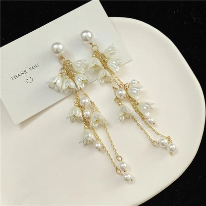 Elegant White Acrylic Flower Tassel Earrings